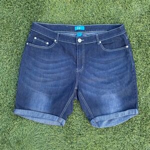 Dkin Womens 20W 38x8 Denim Bermuda Shorts Dark Wash Embroidered Cuffed Y2K